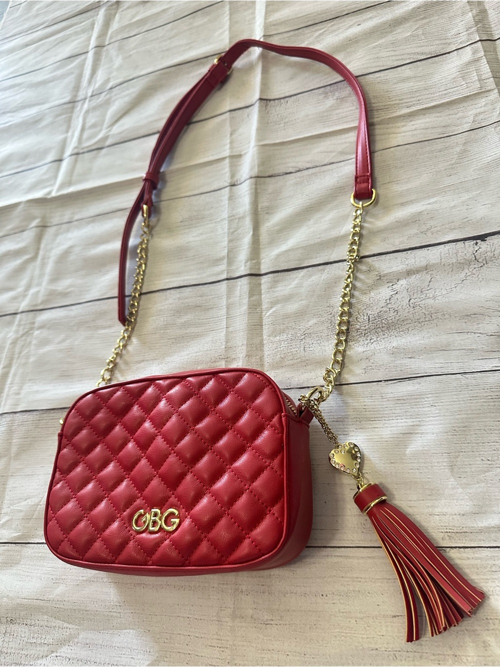 Guess Quilted Red Crossbody Bag with Gold Chain and Tassel